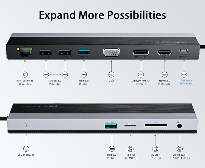 WAVLINK 12-in-1 USB C Docking Station, Triple Display Type C Hub Multiport Adapter with HDMI, DisplayPort, VGA, Ethernet, USB-C 100W PD3.0 Charging, USB3.0, USB2.0, SD/TF Card Reader, Audio