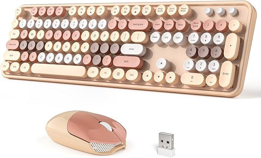 Wireless Keyboard and Mouse Combo, 104 Keys Full-Sized 2.4 GHz Round Keycap Colorful Keyboards, USB Receiver Plug and Play, for Windows, PC, Laptop, Desktop (Milk Tea)