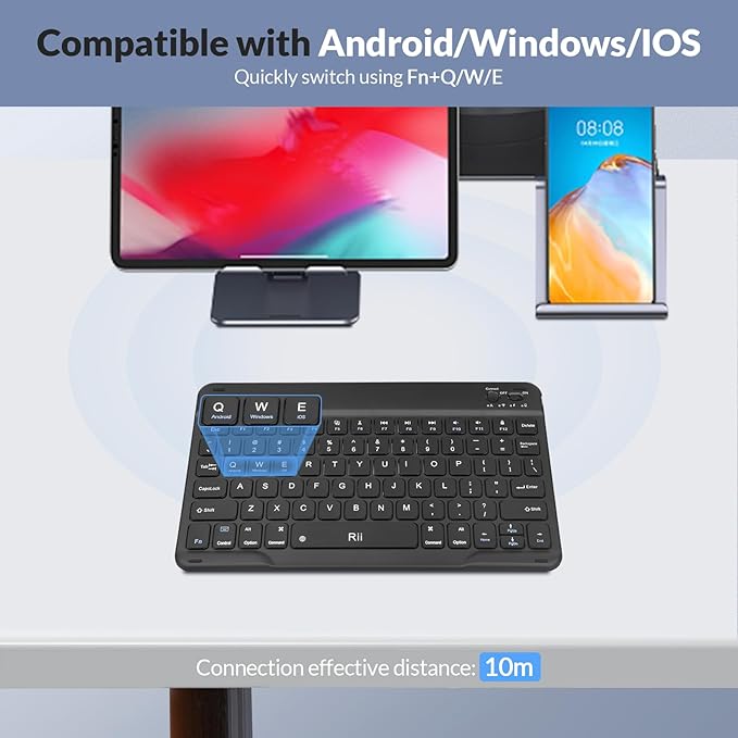 Rii RK302 Ultra-Slim Bluetooth Keyboard for ipad,iPhone,Android,Samsung,Windows,Mac,Linux,Tablet,Laptop, Rechargeable Ergonomic Wireless Keyboard,Black