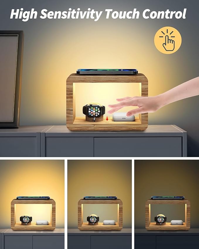 Bamboo Wireless Charging Station with Night Light, 3 in 1 Charging Station for iPhone 17/16/15/14/13/12/11 Pro Max/X/Xs, AirPods 4/3 & AirPods Pro 3/2/1/, Apple Watch Series