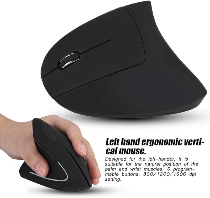 Mugast 2.4GHz Mouse,Ergonomic Left Handed Vertical Mouse,6 Keys Optical Mouse with Nano USB Receiver,800/1200/1600 Adjustable DPIs,for Laptop PC Computer/for/for Linux
