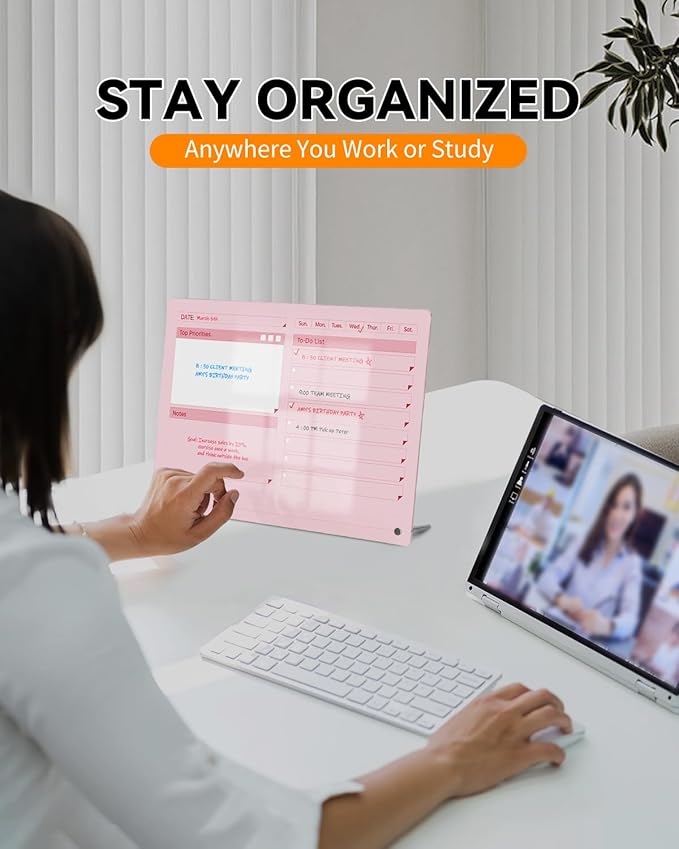 Acrylic Dry Erase to-Do List Board with Top Priorities Notes, 9x13 Desktop Whiteboard Planner with Stand, Daily Task Organizer for Office/Home/School, Includes 3 Dry Erase Markers (Pink)