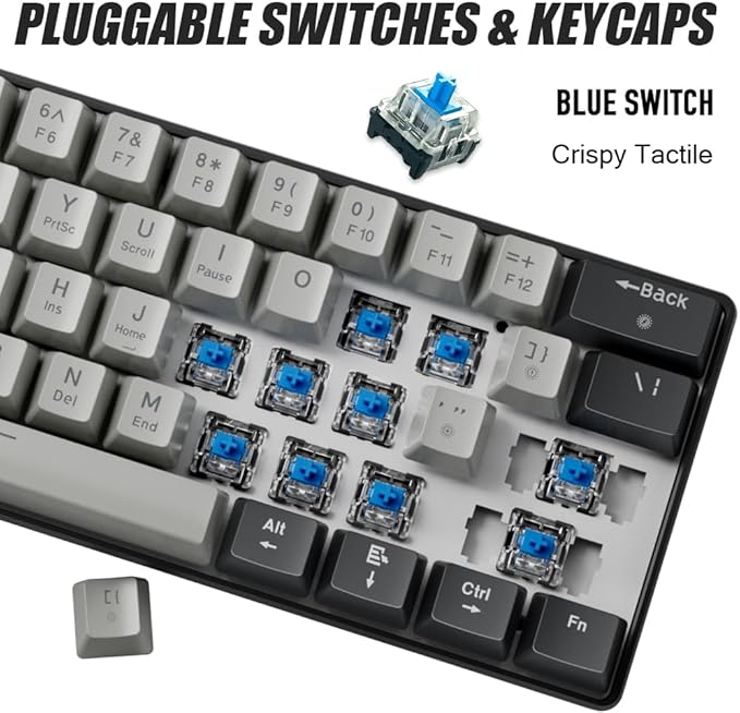 abucow 60% Mechanical Gaming Keyboard Blue Switch Wired Compact Keyboard Anti-Ghosting No-Conflict 61 Swappable keycaps Ergonomic Design for Windows/Mac
