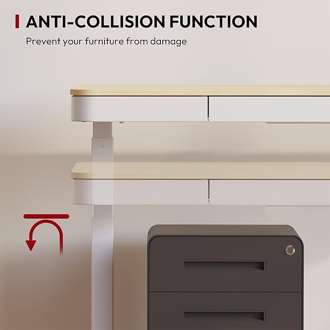 SANODESK Electric Standing Desk with Drawer, Desktop & Adjustable Frame with USB Charge Ports (Bamboo-Look Laminate/White, Wood)