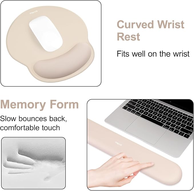 MOSISO Wrist Rest for Keyboard Mouse Pad Set, Large Gaming Deskpad&Circle Curved Mousepad&Keyboard Wrist Rest&Coaster, Ergonomic Non-Slip Mousepad&Easy Typing Pad with Silicone Lining, Apricot
