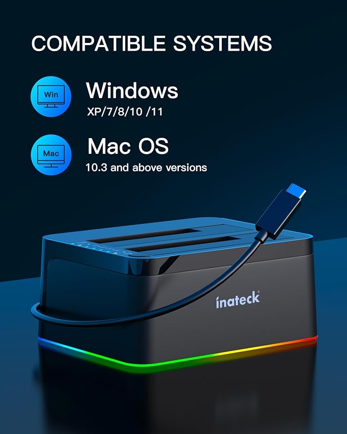 Inateck RGB USB 3.0 USB-C Port Hard Drive Docking Station with Offline Cloning, for 2.5/3.5 Inch SATA HDDs and SSDs, 2 x 20TB Dual Bay Docking Station, UASP Supported, SA02003C