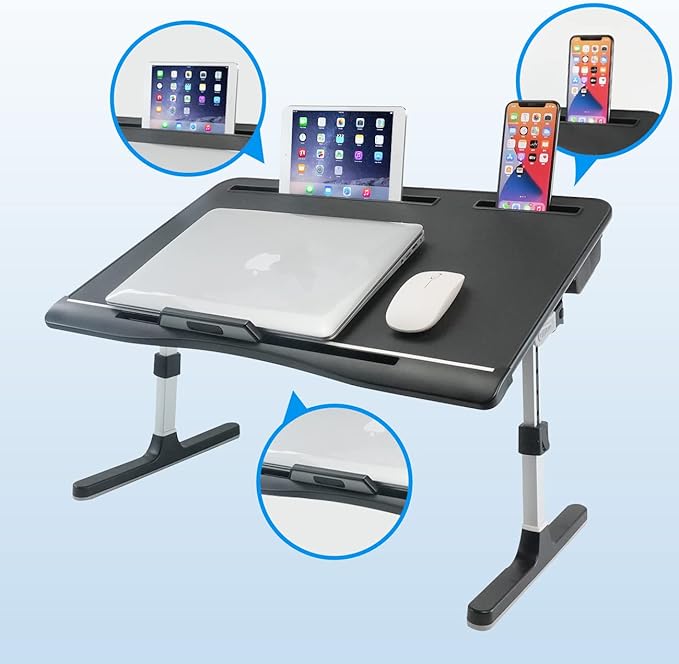 KLEAR Laptop Bed Tray Table [Luxury PVC Leather], Adjustable Laptop Desk for Bed, Foldable Lap Desk with 2 Drawers, Multifunctional Lap Table for Working, Eating, Writing, Gaming, Drawing (Black)