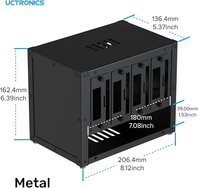 UCTRONICS Upgraded Complete Enclosure for Raspberry Pi Cluster, with 4 Removable Mounting Brackets for Pi 5, 4B, 3B+/3B, and Other B Model and 2 Cooling Fans,Support 4 2.5" SSD and Switch