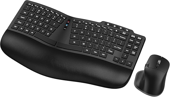 Ergonomic Wireless Keyboard Mouse, Wave Key Bluetooth/2.4G Split Design Ergo Keyboard Mouse Combo with Cushioned Palm Rest, Multi-Device, Rechargeable, for Multi-OS, Windows/Mac