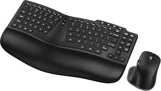 Ergonomic Wireless Keyboard Mouse, Wave Key Bluetooth/2.4G Split Design Ergo Keyboard Mouse Combo with Cushioned Palm Rest, Multi-Device, Rechargeable, for Multi-OS, Windows/Mac