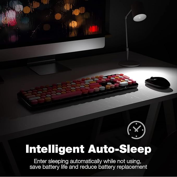 KNOWSQT Wireless Keyboard and Mouse Combo, Black Colorful Retro 2.4GHz Typewriter Keyboard with Cute Round Keycaps, DPI Adjustable Optical Wireless Mouse Compatible with PC Laptop