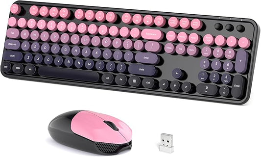 Wireless Keyboard and Mouse Combo, Retro Typewriter Keyboard with Round Keycaps, Full-Size Ergonomic, Ideal for Windows PC, Home, Office, College