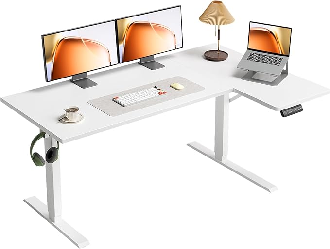 OffiGo Electric L Shaped Standing Desk, 55 Inches Height Adjustable Table, Reversiable Corner Stand Up Desk, Lifting Computer Table for Home Office, Computer Workstation, White