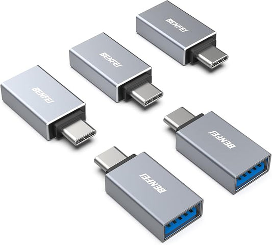 BENFEI 5 Pack USB C to USB 3.0 Adapter, USB C to A Male to Female Adapter Compatible with iPhone 15 Pro/Max, MacBook Pro/Air 2023, iPad Pro, iMac, S23, XPS 17, Surface Book 3 and More - Gray