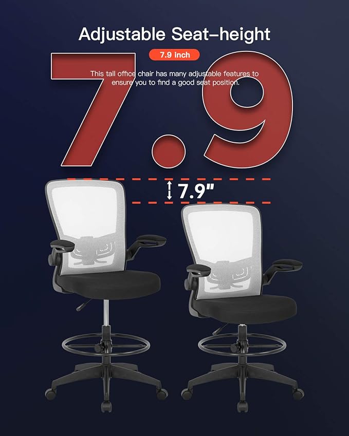 BestOffice Drafting Chair Tall Office Chair Adjustable Height with Lumbar Support Arms Footrest Mid Back Standing Desk Chair with Swivel Rolling Mesh Stool White