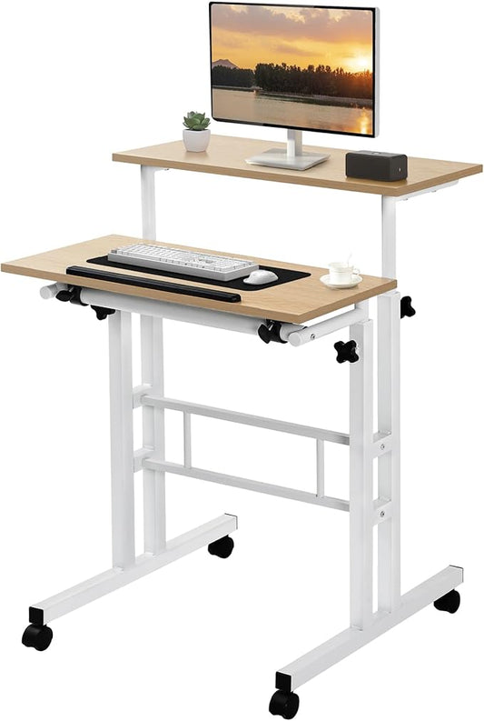 VECELO Small Mobile Standing Desk 24 Inch, Adjustable Height Portable Stand Up Desk with Wheels Computer Workstations, Rolling Laptop Cart, Oak