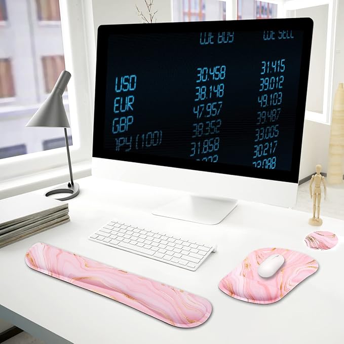 Memory Foam Ergonomic Keyboard Wrist Rest Pad and Mouse Wrist Rest Support Mouse Pad Set for Office Gaming Easy Typing-Pink Fluid