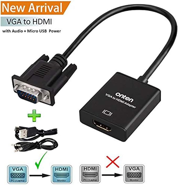 ONTEN VGA to HDMI, 1080P Adapter (Male to Female) for Computer, Desktop, Laptop, PC, Monitor, Projector, HDTV with Audio Cable and USB Cable (1 Pcs)