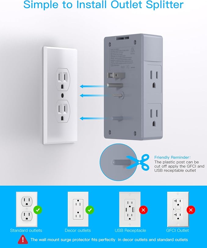 Surge Protector, 5 Outlets Extender with 4 USB Ports(USB C), 3-Side 1680J Power Strip Multi Plug Outlet Expander, USB Wall Charger, Outlet Splitter Adapter Wall Mount for Home Office ETL Listed（Grey）