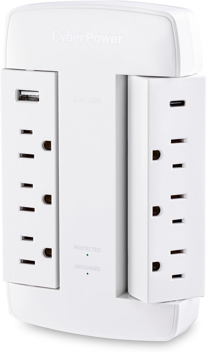 CyberPower CSP600WSURC5 Professional Surge Protector, 900J/125V, 6 Swivel Outlets, 1 USB-C Charge Port, Wall Tap Design, White, UL listed
