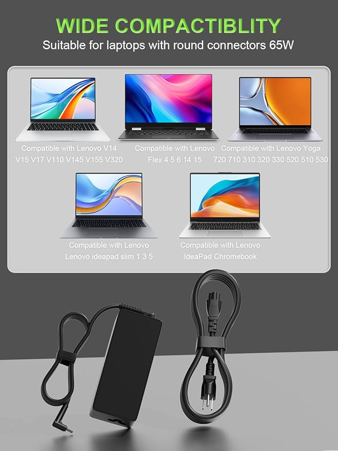 65W Charger Compatible with Lenovo V14 V15 IdeaPad 1 3 5 Flex 4 5 6 14 15 Yoga 310 330 520 510 S540 S340 S145 310 320 500 510 520 300 120 110 710 720-12 Laptop