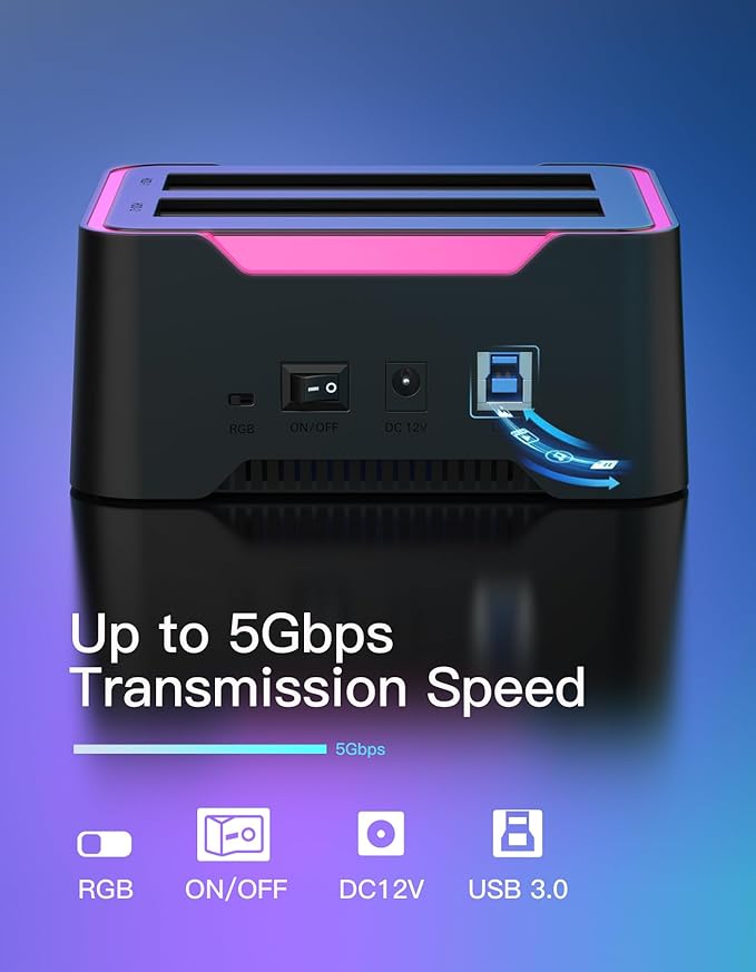 Inateck RGB SATA to USB 3.0 Hard Drive Docking Station with Offline Clone, for 2.5 and 3.5 Inch SATA HDD and SSD, Supports UASP, SA02004 Black