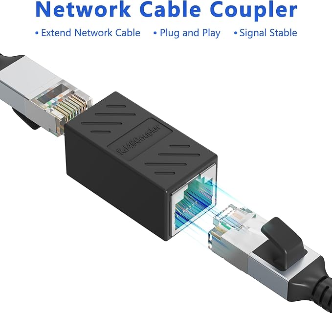 Jadaol RJ45 Coupler [UL Listed], Gold Plated Ethernet Cable Extender with PoE Support, 328ft Long Distance Extend, Female to Female Coupler for Cat8 Cat7 Cat6a Cat6 Cable (Black, 1Pack)