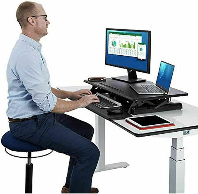 Seville Classics Airlift Height Adjustable Sit Desk Converter Workstation Standing Ergonomic Dual Monitor Riser with Keyboard Tray, Compact Rectangular 30", Midnight