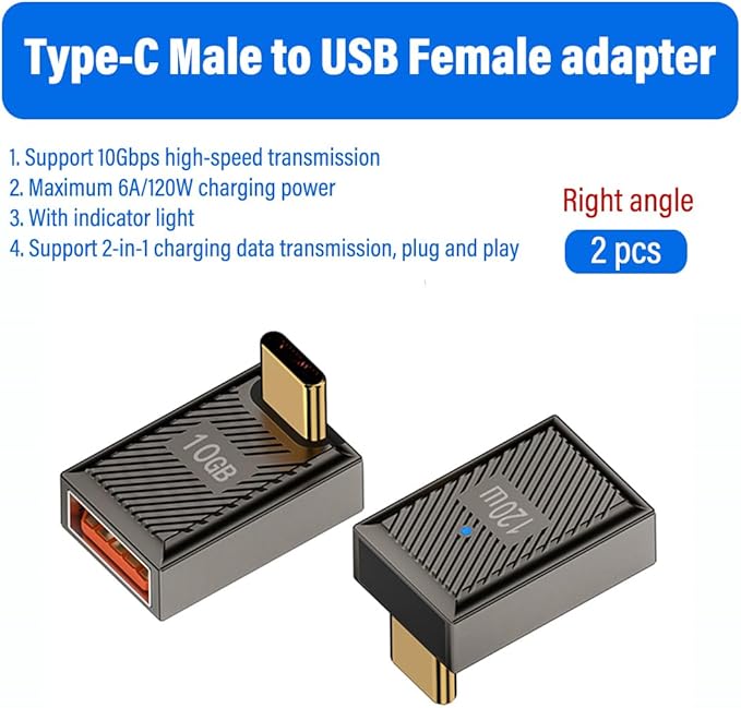 5 Pack USB-C to USB-A Adapter, 10Gbps 120W with LED, Compatible with Laptop, Tablet,Smartphone (Straight+U Type+Positive Bend+90 Degree Angle+Side Bend USB-C to USB-A with LED Indicator)