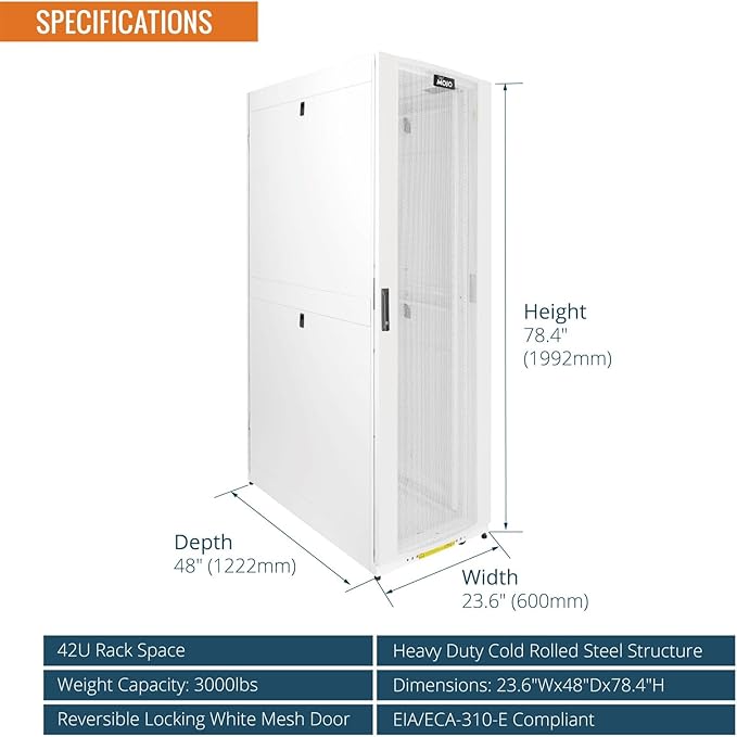 Tecmojo 42U Server Rack Cabinet - Fully Assembled 24inch Width 48inch Depth IT Network Equipment Cabinet Rack Enclosure with Casters - 3000lbs Weight Capacity(06White)