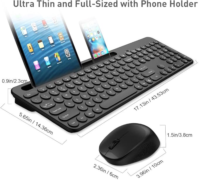 LeadsaiL Wireless Keyboard and Mouse, Full-Sized Ergonomic Computer Keyboard with Phone Tablet Holder, 2.4GHz Silent Cordless Keyboard Mouse Set for Windows Laptop, PC, Desktop - Black