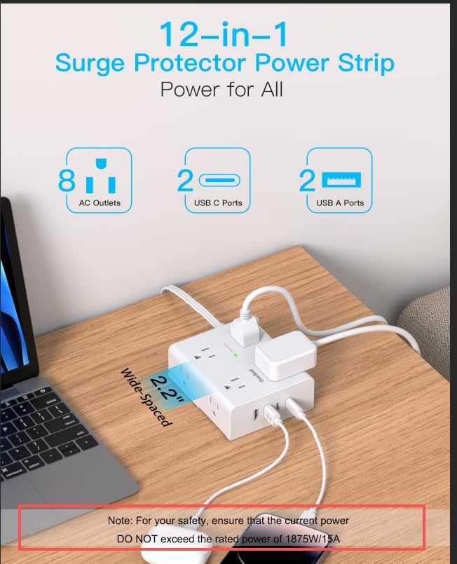 Surge Protector Power Strip 25 ft Cord, Flat Plug Extension Cord with 8 Outlets 4 USB Ports(2 USB C), 3 Side Wall Mount Outlet Extender, Long Extension Cord for Home Office Dorm Room Essentials