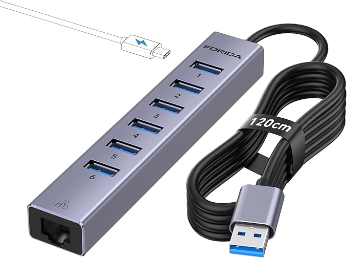 FORIDA Aluminum USB to Ethernet Adapter with 7-Port USB Hub – 3.9ft Long Cable, Gigabit Ethernet Port, 5V/3A Power Port | USB Extender Compatible with Windows, macOS, Linux & More