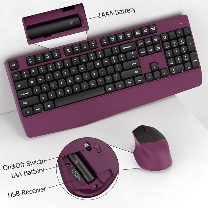 Wireless Keyboard and Mouse Combo, Ergonomic Keyboard with Wrist Rest, 2.4Ghz Wireless Connection, Compatible with PC/Laptop/Windows/Mac for Home and Office Use (Black Burgundy)