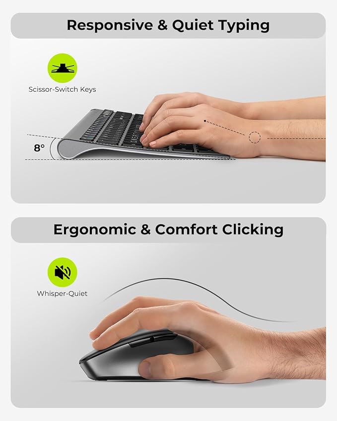 seenda Wireless Bluetooth Keyboard and Mouse Combo, COE401 Rechargeable Slim Keyboard Mouse, 3 Multi-Device Connection, Compact Quiet Set Compatible for Mac/Windows Laptop MacBook iPad, Black Gray