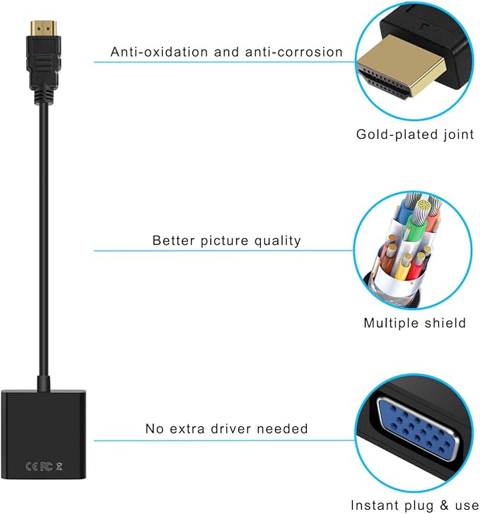 HDMI to VGA, Gold-Plated HDMI to VGA Adapter (Male to Female) for Computer, Desktop, Laptop, PC, Monitor, Projector, HDTV, Chromebook, Raspberry Pi, Roku, Xbox and More - Black
