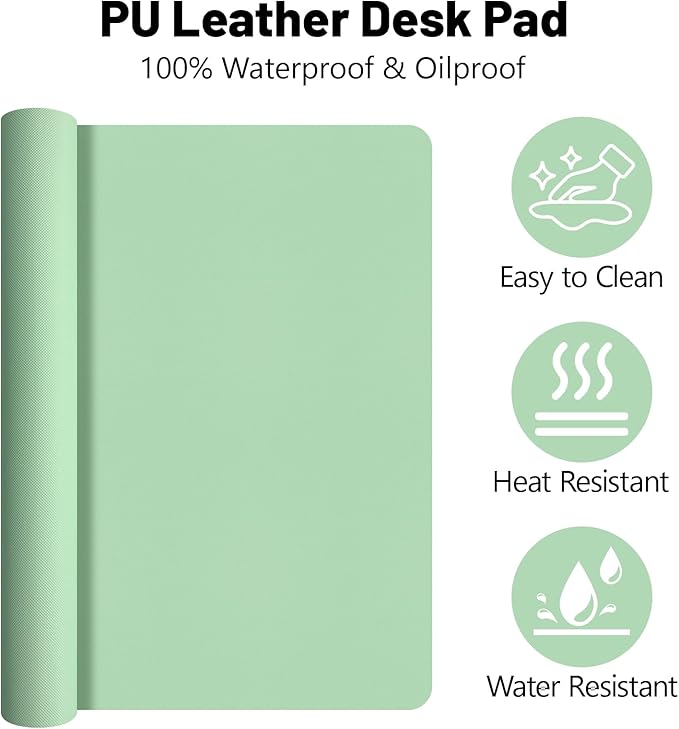Large Desk Pad Mat, Leather Desk Mat for Desktop, Computer Mouse Pad Non-Slip, Waterproof Keyboard Mats for Office/Home/Decor (Green, 35.4" x 17")