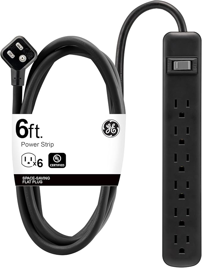 GE 6-Outlet Power Strip, 6 Ft Extension Cord, Heavy Duty Plug, Grounded, Integrated Circuit Breaker, 3-Prong, Wall Mount, ETL Listed, Black, 14088