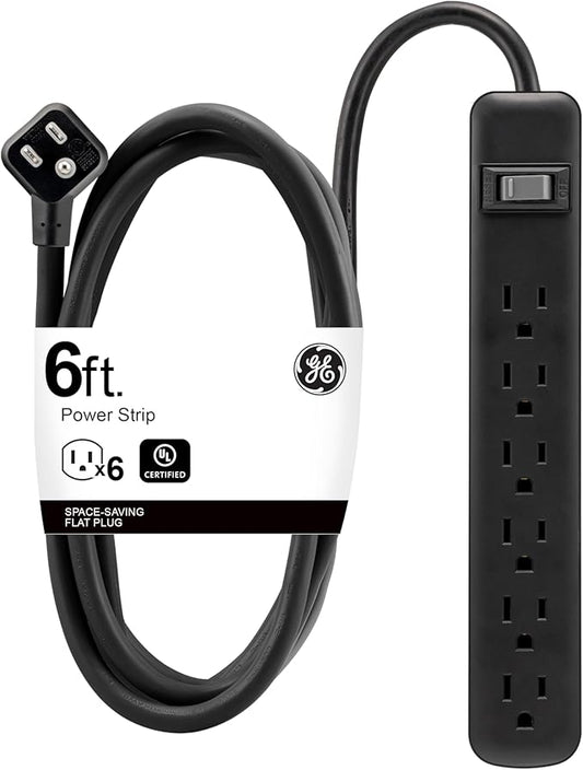 GE 6-Outlet Power Strip, 6 Ft Extension Cord, Heavy Duty Plug, Grounded, Integrated Circuit Breaker, 3-Prong, Wall Mount, ETL Listed, Black, 14088