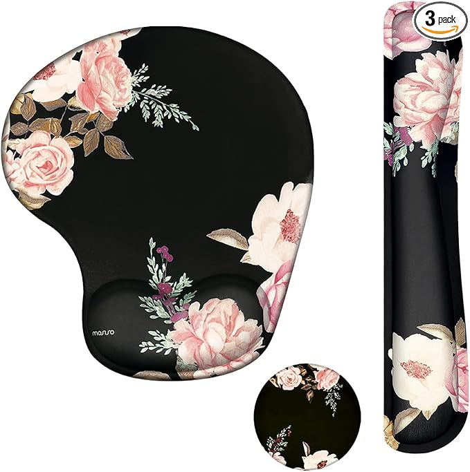 MOSISO Wrist Rest Support for Mouse Pad&Keyboard Set, Curved Peony Ergonomic Mousepad&Coaster Non-Slip Base Home/Office Pain Relief&Easy Typing Cushion with Neoprene Cloth&Raised Memory Foam, Black