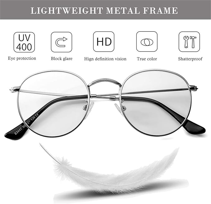 HJSTES Round Blue Light Glasses for Women Men Retro Circle Clear Lens Metal Frame Eyeglasses