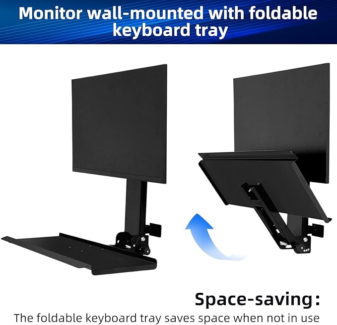 Monitor Wall Mount with Foldable Keyboard Tray for Mac mini/Small PCs Monitor and Keyboard Mount | 26" Curved Platform w/Mouse Space | Holds 17"-32" Screens
