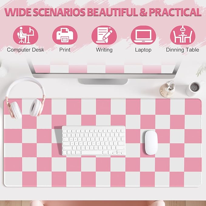 Pink White Desk Pad Mouse Pad, Checkered Pattern Large Gaming Mouse Mat with Stitched Edges, Non-Slip Waterproof Rubber Base Mous Mat for Office Computer Keyboard Laptop Home Decor (35.4X17.5 in)