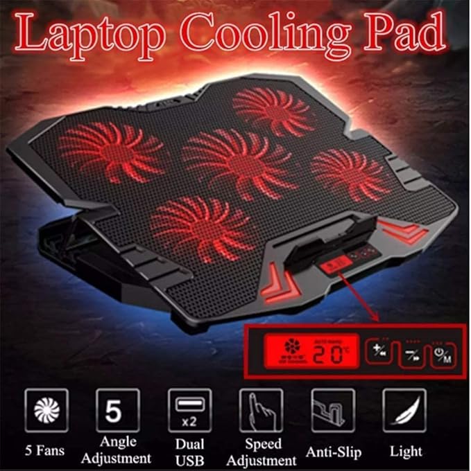 Laptop Cooling Pad Notebook Cooler for Desk and Lap Use Laptop Fan Stand 5 Adjustable Heights with 5 Quiet Fans and Phone Holder for 12-17 Inch Laptops (Color : Blue) (Red)