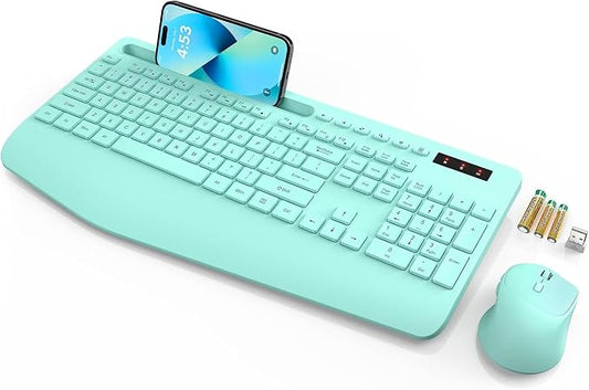 SABLUTE Wireless Keyboard and Mouse, Wrist Rest, Phone Holder, Batteries Included, 2.4G Lag-Free Ergonomic Keyboards Mouse Combo, KM23D Silent Keyboards Set for PC, Laptop, PC, Windows, Mint Green