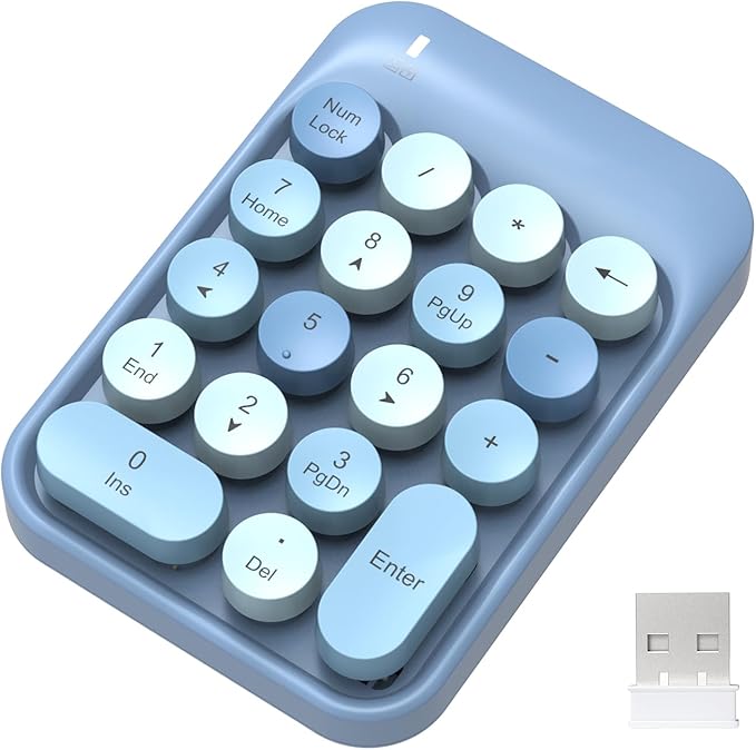 FELICON Wireless Numeric Keypad 18 Keys with 2.4G Mini Portable Silent Number Pad USB Receiver Financial Accounting Keyboard Extensions for Laptop Desktop PC Pro（Blue Mix）