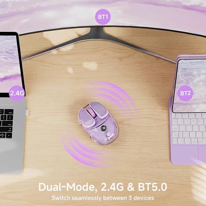 EWEADN Q9 Wireless Clear Mouse Dual Mode Bluetooth & 2.4G USB Computer Mouse with RGB Lighting, Silent Clicks, Multi-Device Compatibility for Laptop, PC, MacBook, iPad Cute Mouse-Purple