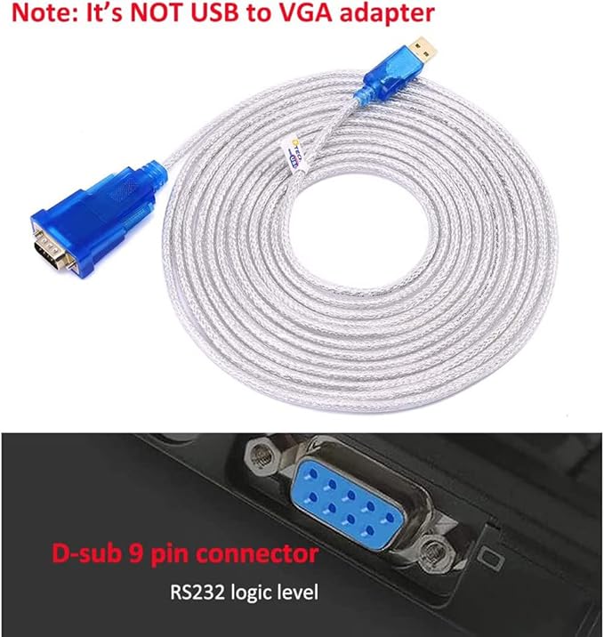 DTECH USB to Serial Adapter Cable 16 ft DB9 Male RS232 to USB Cord with FTDI Chip Supports Windows 11 10 8 7 Mac Linux (5m)