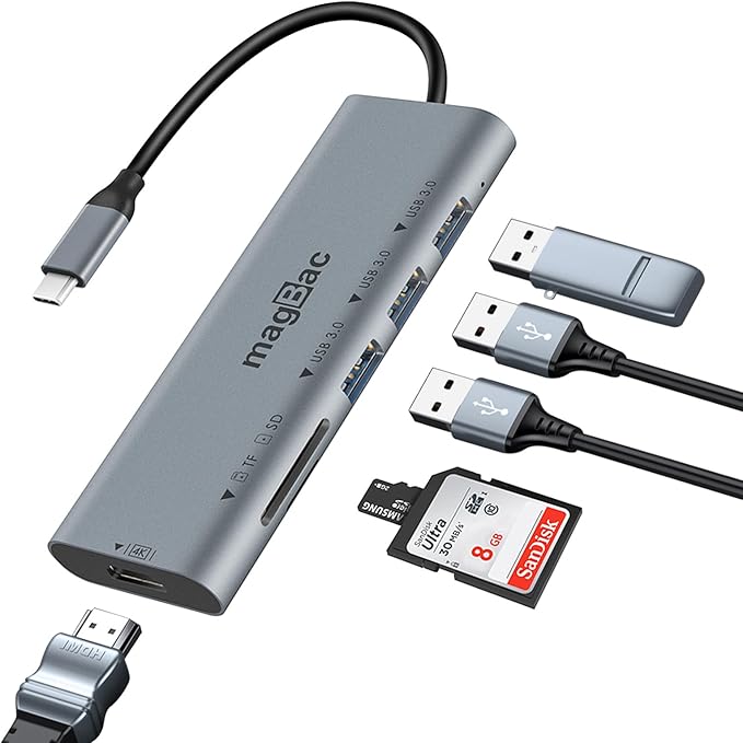 MagBac Laptop Docking Station 6 Ports USB C HUB with 3 USB-A 3.0,4K HDMI Port, SD/TF Card Slot for MacBook Pro/Air, Dell, HP, Lenovo with Full-Featured Type-C or Thunderbolt 3/4/5 Port