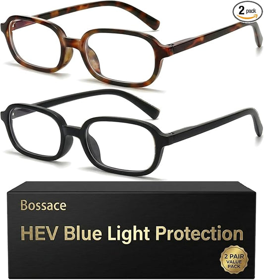 2 Pack Rectangle Blue Light Glasses for Women, Lightweight TR90 Small Frame with Spring Hinge for All-Day Comfort, Anti UV Glare & Eyestrain